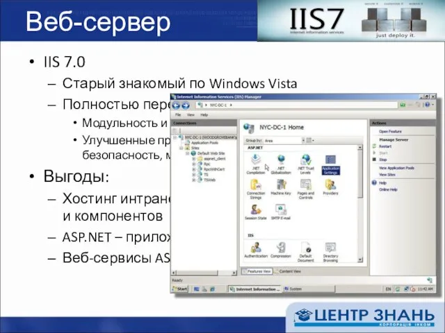 Веб-сервер IIS 7.0 Старый знакомый по Windows Vista Полностью переработан Модульность