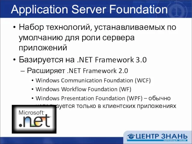 Application Server Foundation Набор технологий, устанавливаемых по умолчанию для роли сервера