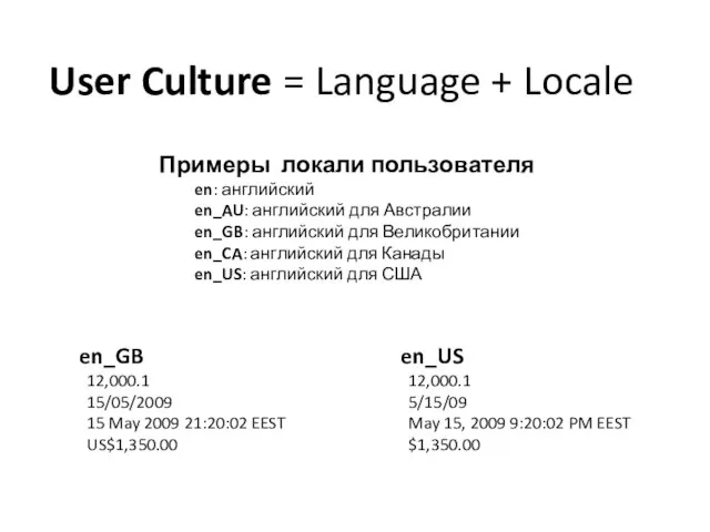 User Culture = Language + Locale Примеры локали пользователя en: английский