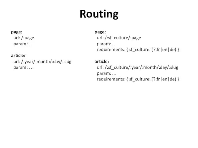 Routing page: url: /:page param: ... article: url: /:year/:month/:day/:slug param: …
