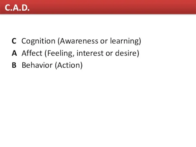 C.A.D. C Cognition (Awareness or learning) A Affect (Feeling, interest or desire) B Behavior (Action)