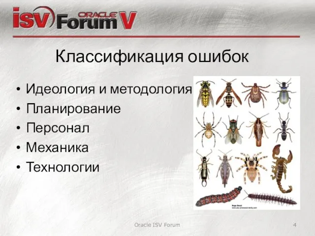 Классификация ошибок Идеология и методология Планирование Персонал Механика Технологии Oracle ISV Forum