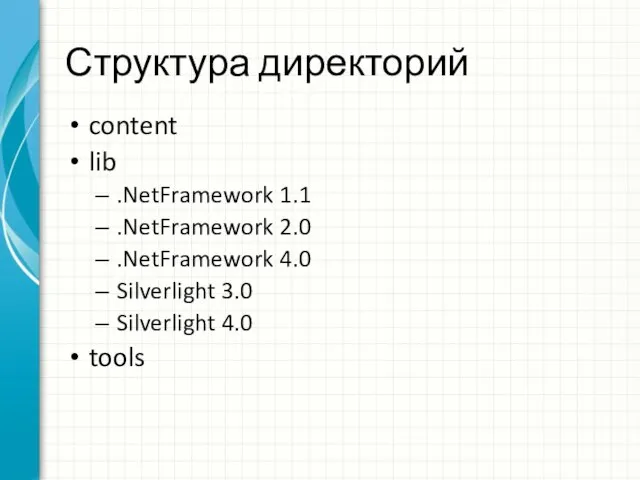 Структура директорий content lib .NetFramework 1.1 .NetFramework 2.0 .NetFramework 4.0 Silverlight 3.0 Silverlight 4.0 tools