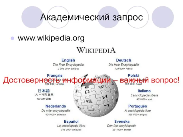 Академический запрос www.wikipedia.org Достоверность информации – важный вопрос!