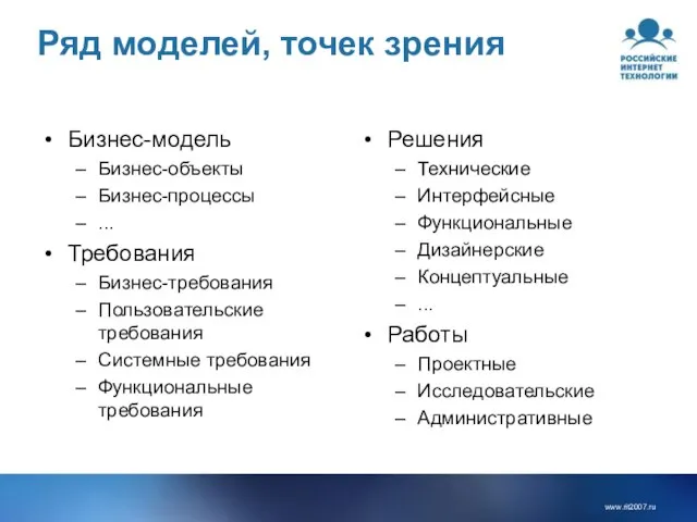 Ряд моделей, точек зрения Бизнес-модель Бизнес-объекты Бизнес-процессы ... Требования Бизнес-требования Пользовательские