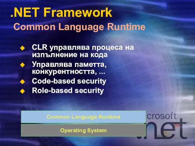 .NET Framework Common Language Runtime Operating System Common Language Runtime CLR