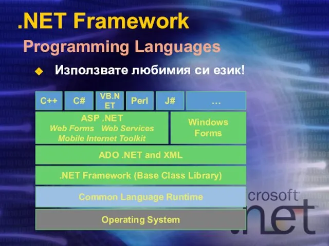 .NET Framework Programming Languages Operating System Common Language Runtime C++ C#