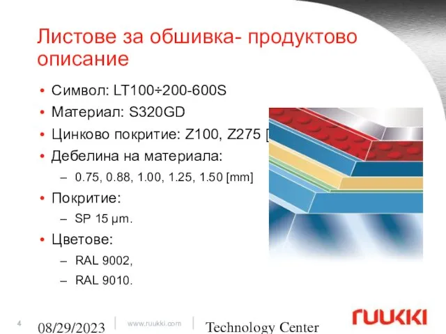 Technology Center 08/29/2023 Листове за обшивка- продуктово описание Символ: LT100÷200-600S Материал: