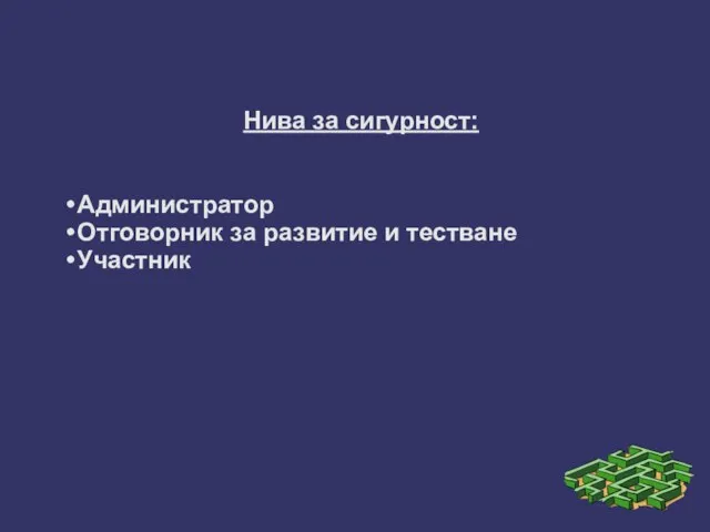 Нива за сигурност: Администратор Отговорник за развитие и тестване Участник