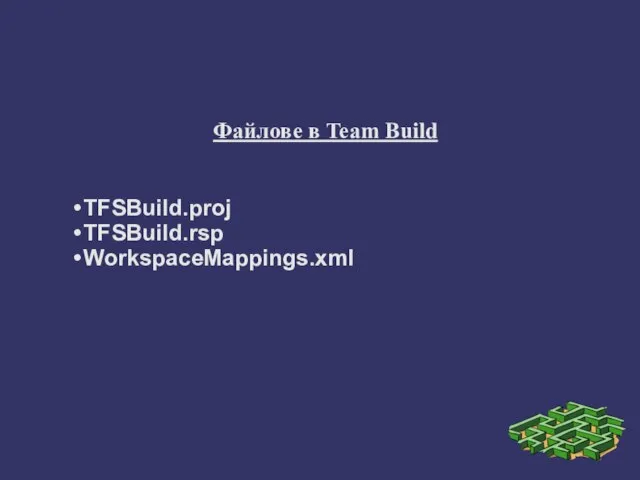 Файлове в Team Build TFSBuild.proj TFSBuild.rsp WorkspaceMappings.xml