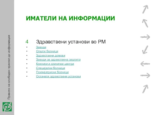 ИМАТЕЛИ НА ИНФОРМАЦИИ Здравствени установи во РМ Заводи Општи болници Здравствени