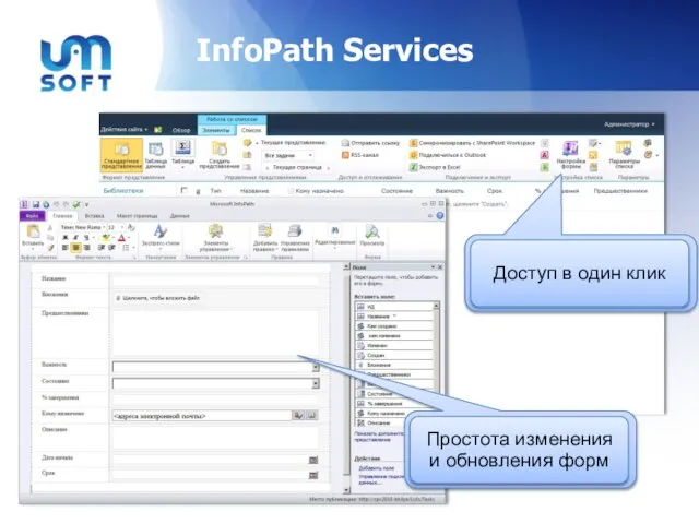 InfoPath Services Доступ в один клик Простота изменения и обновления форм