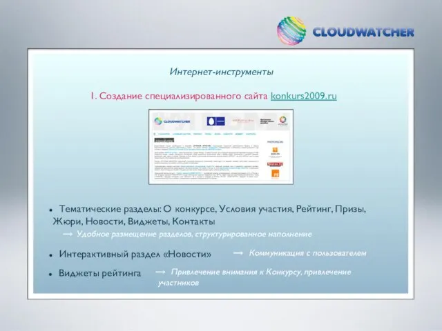 Интернет-инструменты 1. Создание специализированного сайта konkurs2009.ru Тематические разделы: О конкурсе, Условия