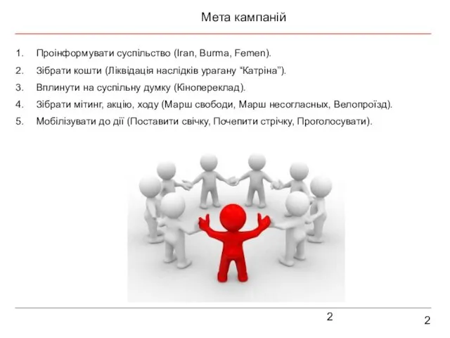 2 Мета кампаній Проінформувати суспільство (Iran, Burma, Femen). Зібрати кошти (Ліквідація