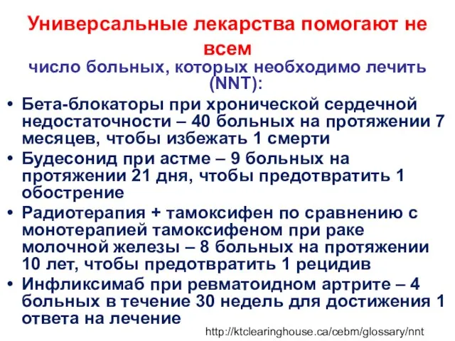 Универсальные лекарства помогают не всем число больных, которых необходимо лечить (NNT):