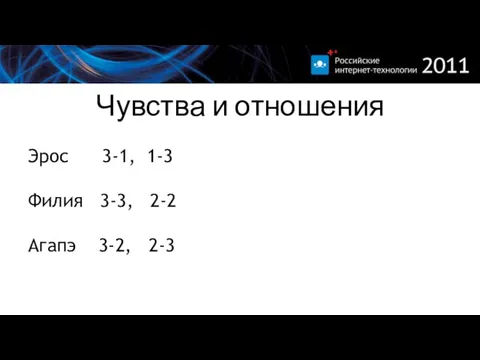 Чувства и отношения Эрос 3-1, 1-3 Филия 3-3, 2-2 Агапэ 3-2, 2-3