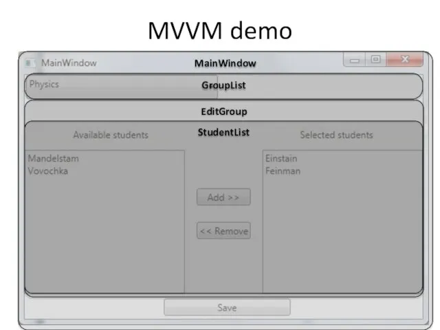 MVVM demo MainWindow GroupList EditGroup StudentList