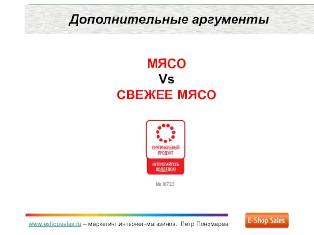 www.eshopsales.ru – маркетинг интернет-магазинов. Петр Пономарев Дополнительные аргументы МЯСО Vs СВЕЖЕЕ МЯСО