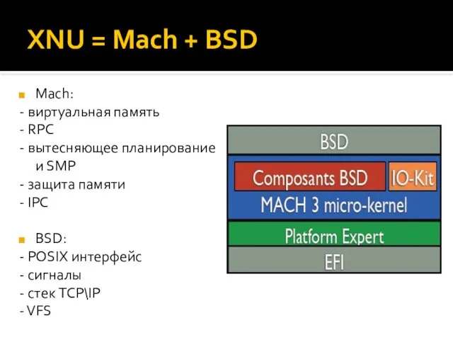 XNU = Mach + BSD Mach: - виртуальная память - RPC