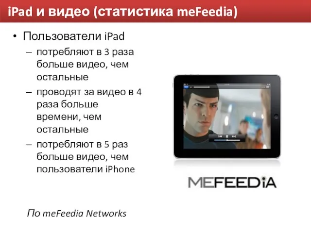 iPad и видео (статистика meFeedia) Пользователи iPad потребляют в 3 раза