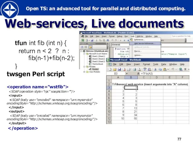 Web-services, Live documents tfun int fib (int n) { return n } twsgen Perl script