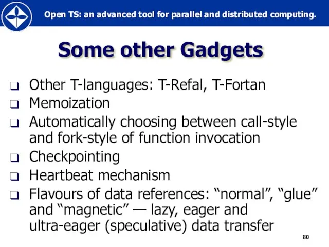 Some other Gadgets Other T-languages: T-Refal, T-Fortan Memoization Automatically choosing between