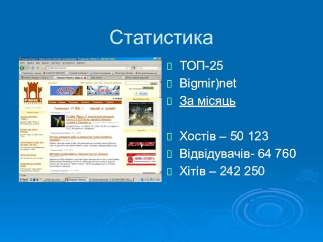 Статистика ТОП-25 Bigmir)net За місяць Хостів – 50 123 Відвідувачів- 64 760 Хітів – 242 250