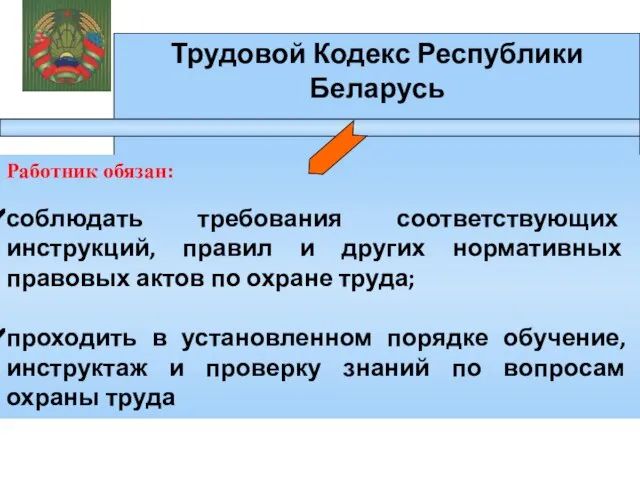 Трудовой Кодекс Республики Беларусь (Ст. 232 ТК) Работник обязан: соблюдать требования