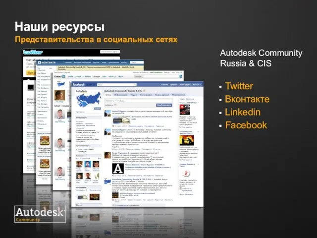 Наши ресурсы Представительства в социальных сетях Twitter Вконтакте Linkedin Facebook Autodesk Community Russia & CIS