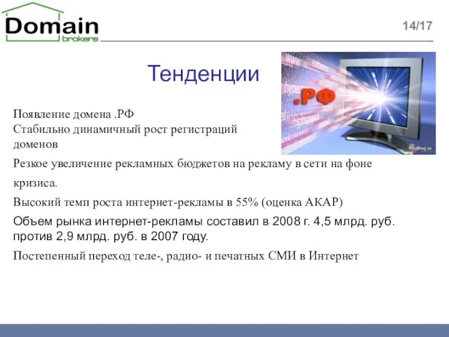 Тенденции Появление домена .РФ Стабильно динамичный рост регистраций доменов Резкое увеличение