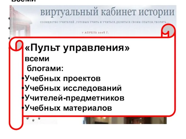 «Пульт управления» всеми блогами: Учебных проектов Учебных исследований Учителей-предметников Учебных материалов