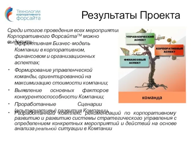 Результаты Проекта Эффективная Бизнес-модель Компании в корпоративном, финансовом и организационных аспектах;