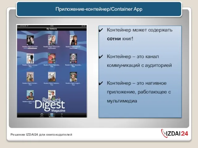 Приложение-контейнер/Container App Контейнер может содержать сотни книг! Контейнер – это канал