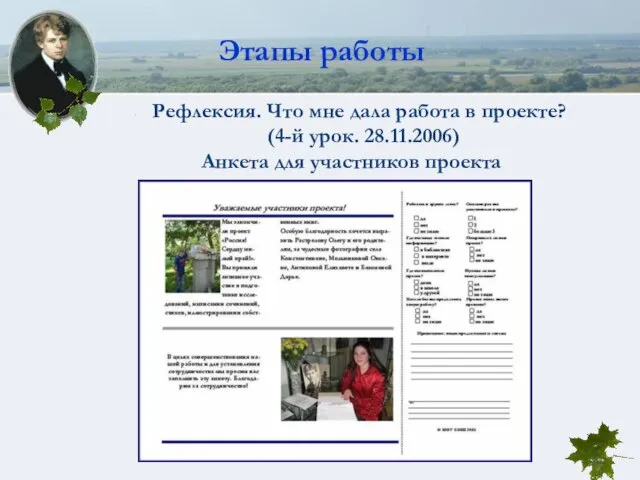 Этапы работы Рефлексия. Что мне дала работа в проекте? (4-й урок. 28.11.2006) Анкета для участников проекта