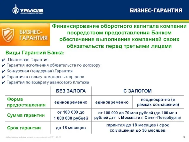 БИЗНЕС-ГАРАНТИЯ Финансирование оборотного капитала компании посредством предоставления Банком обеспечения выполнения компанией