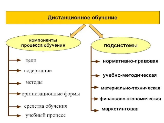 Дистанционное обучение компоненты процесса обучения подсистемы средства обучения цели содержание методы