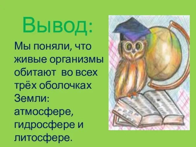 Вывод: Мы поняли, что живые организмы обитают во всех трёх оболочках Земли: атмосфере, гидросфере и литосфере.