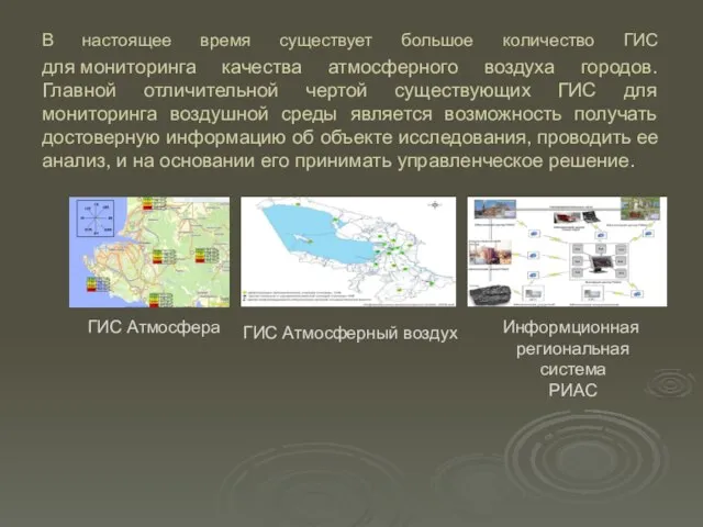 В настоящее время существует большое количество ГИС для мониторинга качества атмосферного