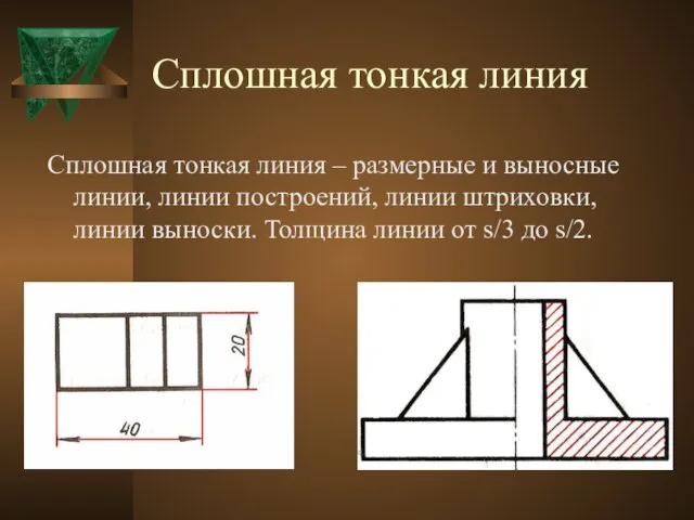 Сплошная тонкая линия Сплошная тонкая линия – размерные и выносные линии,