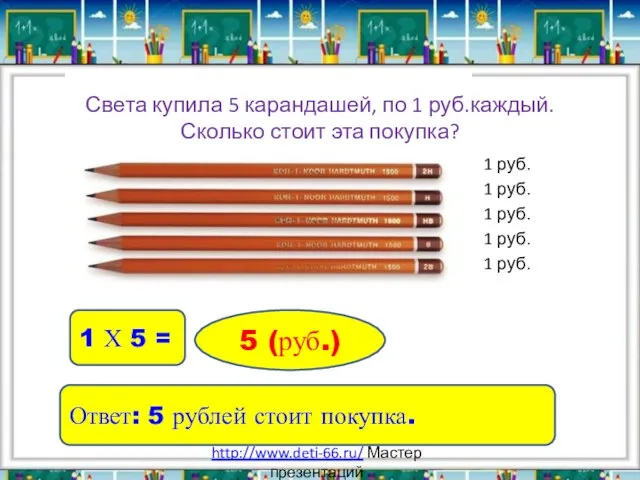 Света купила 5 карандашей, по 1 руб.каждый. Сколько стоит эта покупка?