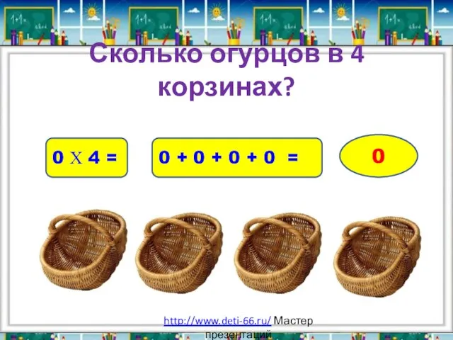 Сколько огурцов в 4 корзинах? 0 Х 4 = 0 +