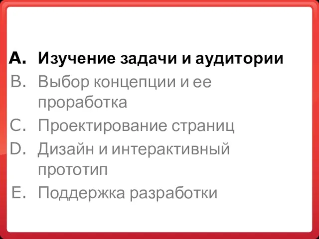 Изучение задачи и аудитории Выбор концепции и ее проработка Проектирование страниц