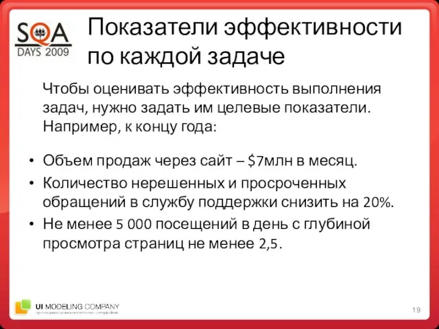 Показатели эффективности по каждой задаче Чтобы оценивать эффективность выполнения задач, нужно