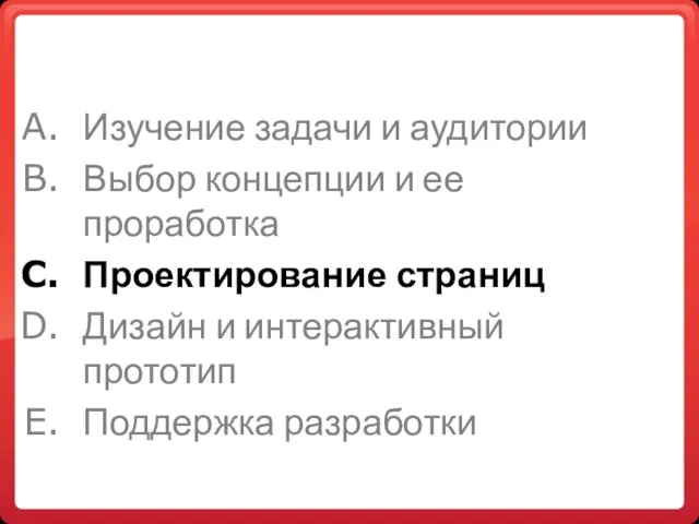 Изучение задачи и аудитории Выбор концепции и ее проработка Проектирование страниц