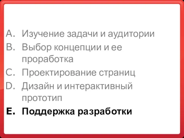 Изучение задачи и аудитории Выбор концепции и ее проработка Проектирование страниц