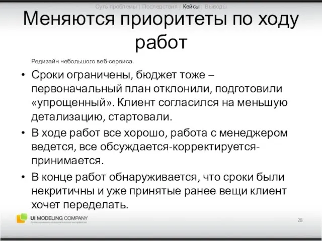 Меняются приоритеты по ходу работ Редизайн небольшого веб-сервиса. Сроки ограничены, бюджет