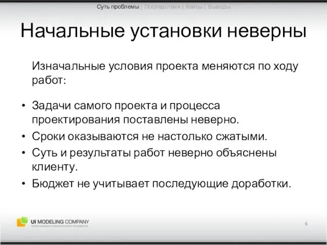 Начальные установки неверны Изначальные условия проекта меняются по ходу работ: Задачи