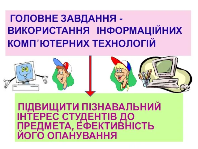 ГОЛОВНЕ ЗАВДАННЯ - ВИКОРИСТАННЯ ІНФОРМАЦІЙНИХ КОМП᾽ЮТЕРНИХ ТЕХНОЛОГІЙ ПІДВИЩИТИ ПІЗНАВАЛЬНИЙ ІНТЕРЕС СТУДЕНТІВ ДО ПРЕДМЕТА, ЕФЕКТИВНІСТЬ ЙОГО ОПАНУВАННЯ