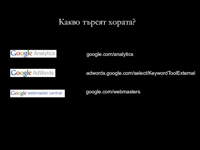 Какво търсят хората? google.com/analytics adwords.google.com/select/KeywordToolExternal google.com/webmasters