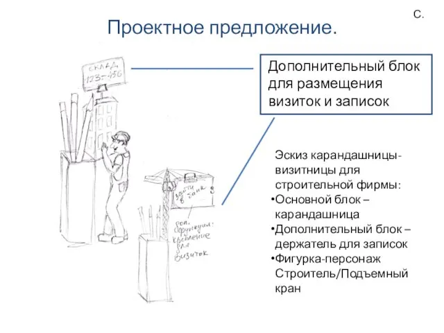 С. Дополнительный блок для размещения визиток и записок Эскиз карандашницы-визитницы для